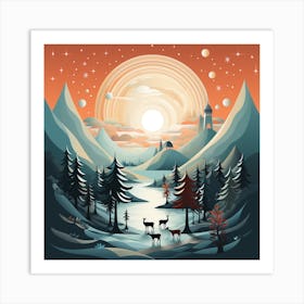 Winter Landscape With Deer 5 Art Print