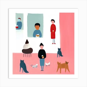 Tiny People At The Cat Cafe Illustration 4 Art Print