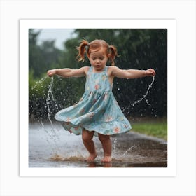 Little Girl Playing In The Rain Art Print
