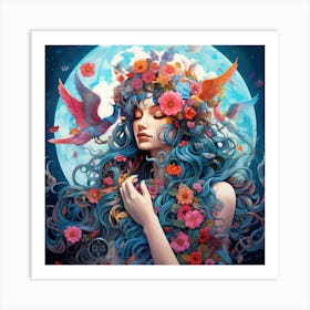 Woman With Blue Hair And Birds Art Print