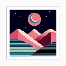 "Starry Night Over Pink Peaks"  Under the watchful eye of a crescent moon, this vibrant artwork captures the allure of pink peaks against a star-studded night sky. The bold contrast and rhythmic patterns in this piece create a dynamic visual that is both modern and timeless, perfect for infusing any room with energy and imagination. It's a striking choice for those looking to add a pop of color and a touch of nocturnal mystery to their art collection. Art Print
