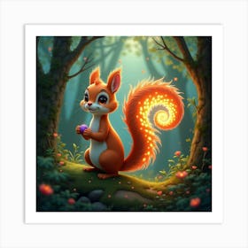 A Whimsical Squirrel With A Tail Of Glowing, Fractal Patterns Nestled In A Magical Forest Art Print