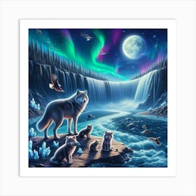 Wolf Family by Crystal Waterfall Under Full Moon and Aurora Borealis 4 Art Print