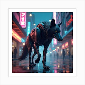 A Biomechanical Wolf Prowling The Neon Lit Streets Of A Cyberpunk City 1 Art Print