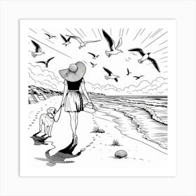 Line Art lady with a dog on the beach 2 Art Print