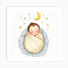 Watercolor Baby Wrapped In A Blanket With A Crescent Moon And Stars Above Art Print