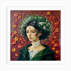 Girl With Flowers On Her Head Art Print