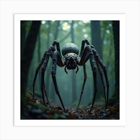 Giant Spider With An Intricate Web, Lurking In A Dark Forest 1 Art Print