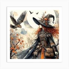 Portrait Of A Witch And The Owl Vector Style In Raster Format Art Print