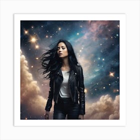 Create A Cinematic Scene Where A Mysterious Woman In A Black Leather Jacket Floats Gracefully Through The Cosmos, Surrounded By Swirling Clouds Of Stars And Galaxies 4 Art Print