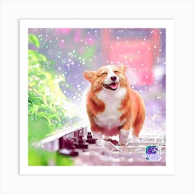 Corgi In The Rain Art Print