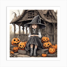 Little Witch With Pumpkins Art Print