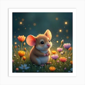 A Tiny Mouse Nestled In A Bed Of Vibrant Wildflowers, Surrounded By Glowing Fireflies Art Print