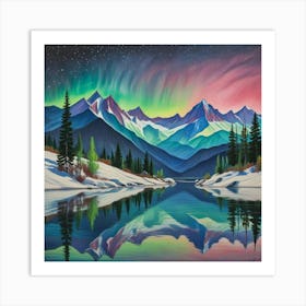 Aurora Over Snow Capped Peaks A Tranquil Mountain Reflection (4) Art Print