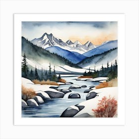 Snowy Mountain Stream,A Tranquil Beach Scene With Palm Trees And Gentle Waves art print Art Print