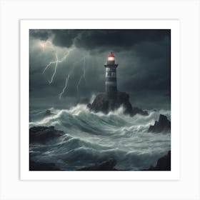 Lighthouse In Stormy Sea Art Print