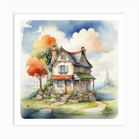 A Little House In The Village Cartoon Watercolor Dra 0 Art Print