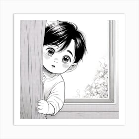 Little Boy Peeking Out Of The Window Art Print