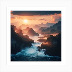 Sunrise Over A Waterfall Art Print