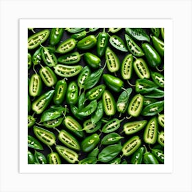 Green Peppers On Black Background Art Print