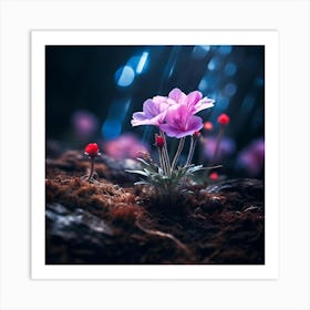 up close on a black rock in a mystical fairytale forest, alice in wonderland, mountain dew, fantasy, mystical forest, fairytale, beautiful, flower, purple pink and blue tones, dark yet enticing, Nikon Z8 3 Art Print