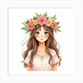 Spanish Girl With A Flower Crown, Watercolor With Soft Pastel Shades 1 Art Print