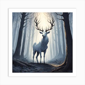 A White Stag In A Fog Forest In Minimalist Style Square Composition 73 Art Print