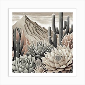 Firefly Modern Abstract Beautiful Lush Cactus And Succulent Garden In Neutral Muted Colors Of Tan, G (20) Art Print