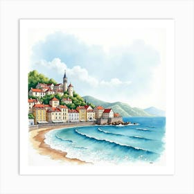 French Coastal Town In Watercolor With Colorful Houses And Serene Ocean Waves 1 Art Print