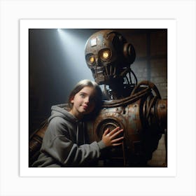 Girl Hugging A Robot Art Print