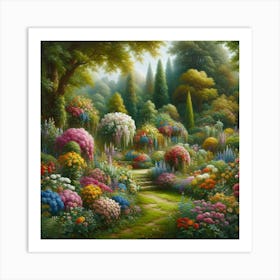 Realistic Oil Painting Of A Lush Garden Bursting With Colorful Flowers And Greenery, Style Realistic Oil Painting 2 Art Print