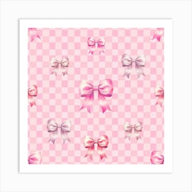 Pink Bow Pink Squares Art Print