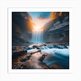 Waterfall At Sunset Art Print