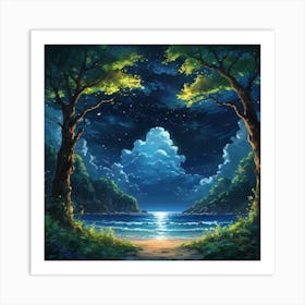 Enchanted Nighttime Vista at a Secluded Beach Framed by Forest Trees Art Print