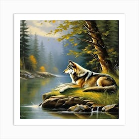 Wolf By The River Art Print