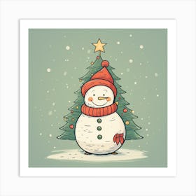 Snowman With Christmas Tree Art Print