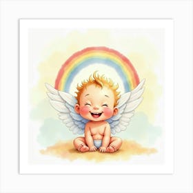 Watercolor Baby With Angel Wings Smiling Under A Soft Rainbow Sky Art Print