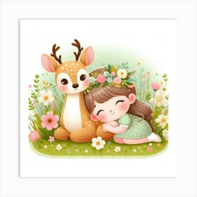 Little Girl And Deer Art Print