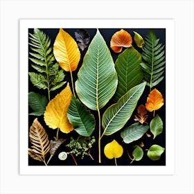 Autumn Leaves On Black Background, Different Types Of Leaves And Their Textures art print Art Print