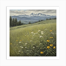 vintage oil painting of wild flowers in a meadow, mountains in the background 5 Art Print