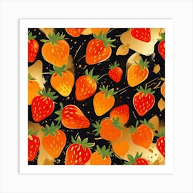 A Seamless Pattern Of Strawberries With Golden Accents On A Black Background Art Print