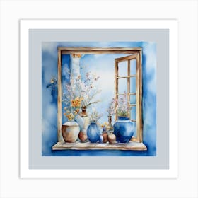 Blue wall. Open window. From inside an old-style room. Silver in the middle. There are several small pottery jars next to the window. There are flowers in the jars Spring oil colors. Wall painting.2 Art Print