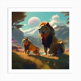 An Animated Scene Of Lions  Art Print