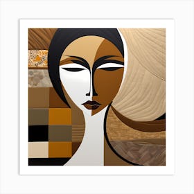 Patchwork Quilting Abstract Face Art with Earthly Tones, American folk quilting art, 1223 Art Print