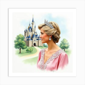 Elegant Watercolor Of Princess Diana With A Charming Castle Backdrop 1 Art Print