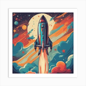 A Retro Style Rocket Ship Blasting Off Into Space, With Colorful Exhaust Flames And Stars In The Bac Art Print