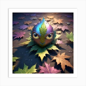 A Cute, Cartoonish Creature With Large Eyes Peeks Out From Behind A Green Leaf Art Print