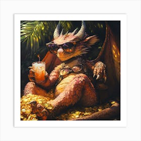 Cool Dragon Lounging on Gold Background 1 Art Print