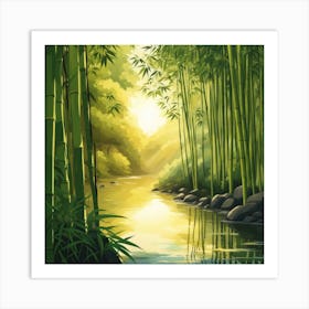 A Stream In A Bamboo Forest At Sun Rise Square Composition 122 Art Print