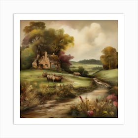 Country Cottage.An elaborate work of art about nature in the countryside of old England, antique oil colours, the touch of a creative artist. Art Print